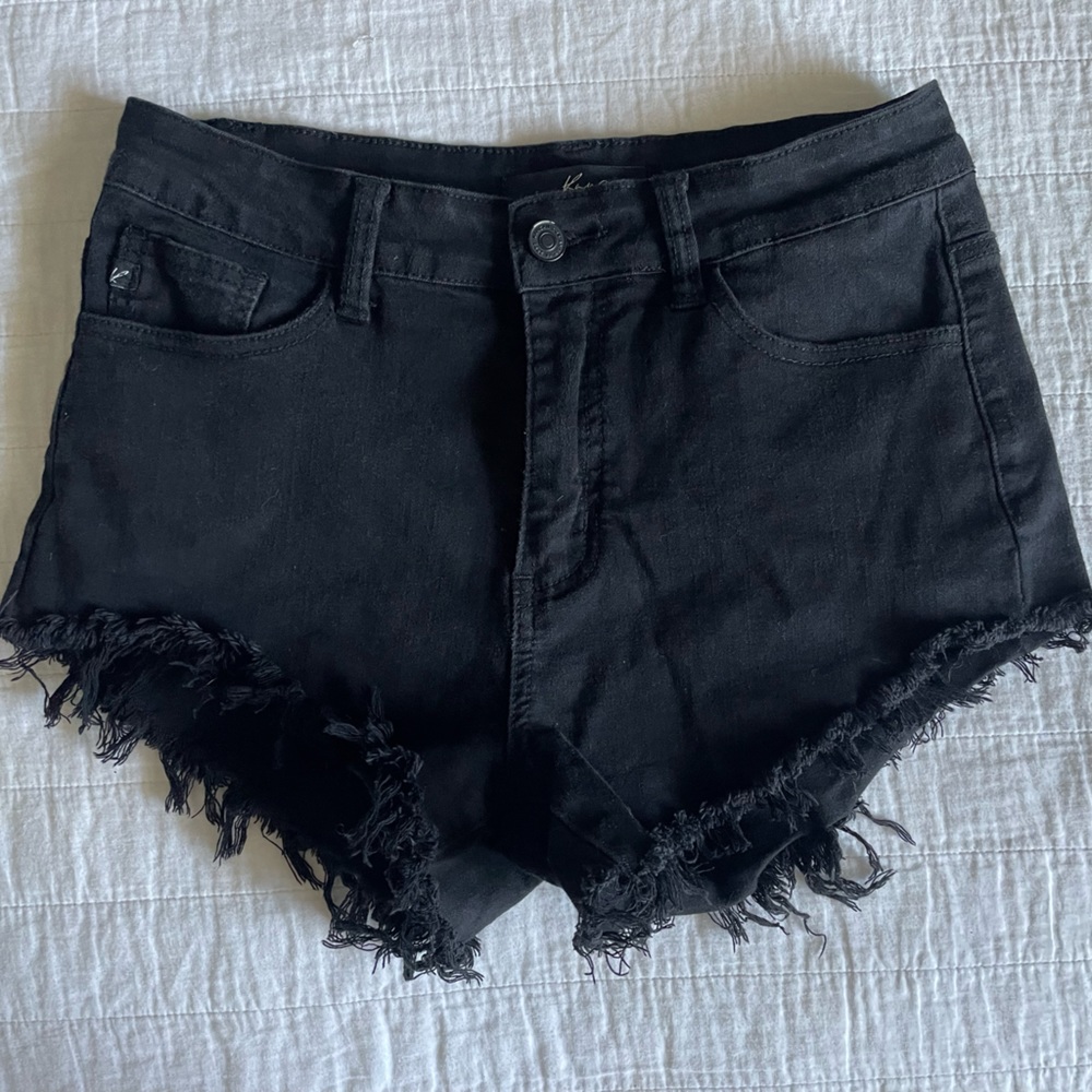 KanCan cutoff/fringe black denim shorts